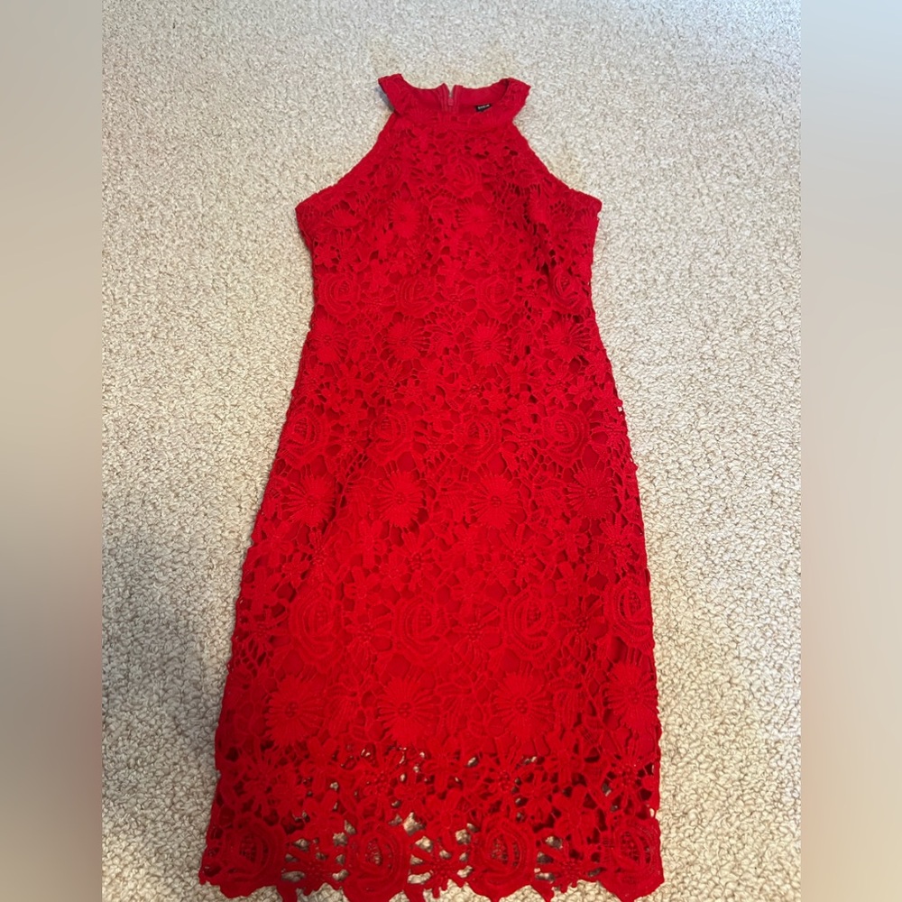 SHEIN Red Lace Halter Midi Dress
